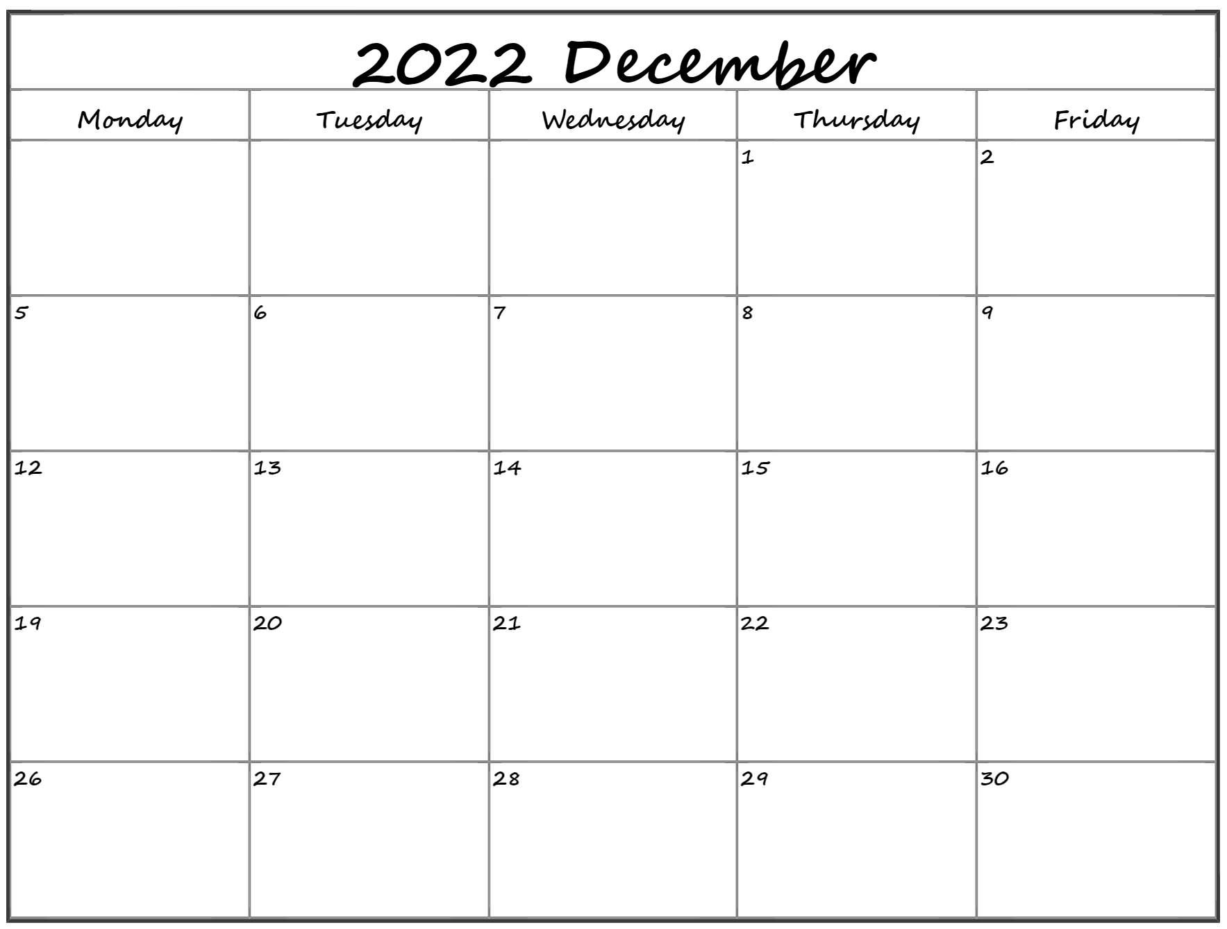 December 2022 Monday Calendar | Monday To Sunday  Editable December 2022 Calendar
