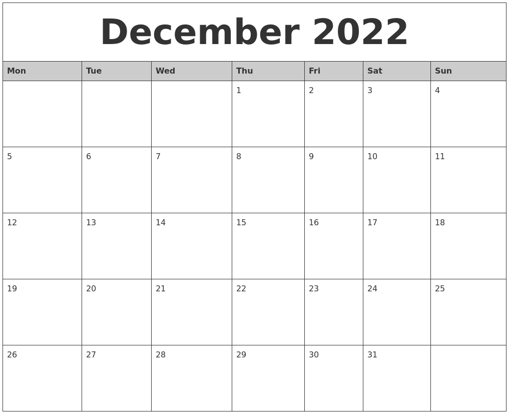 December 2022 Monthly Calendar Printable  December 2022 Calendar Template