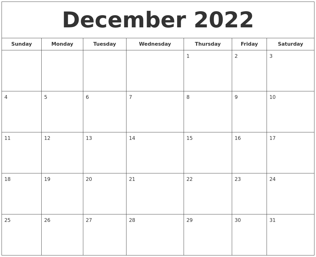 December 2022 Printable Calendar  December Printable Calendar 2022