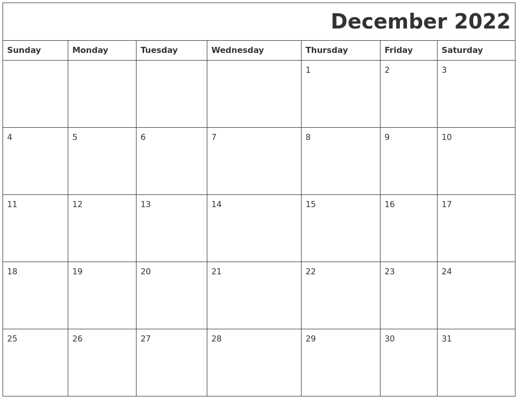 December 2022 Printable Calender  December Calendar Of 2022