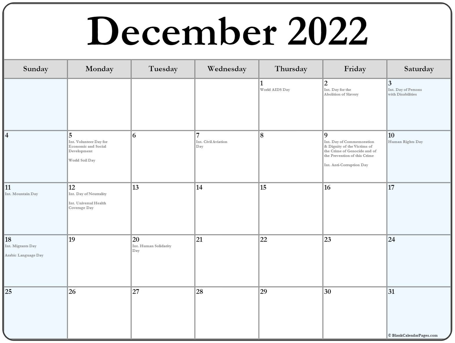 December 2022 With Holidays Calendar  December Calendar Of 2022