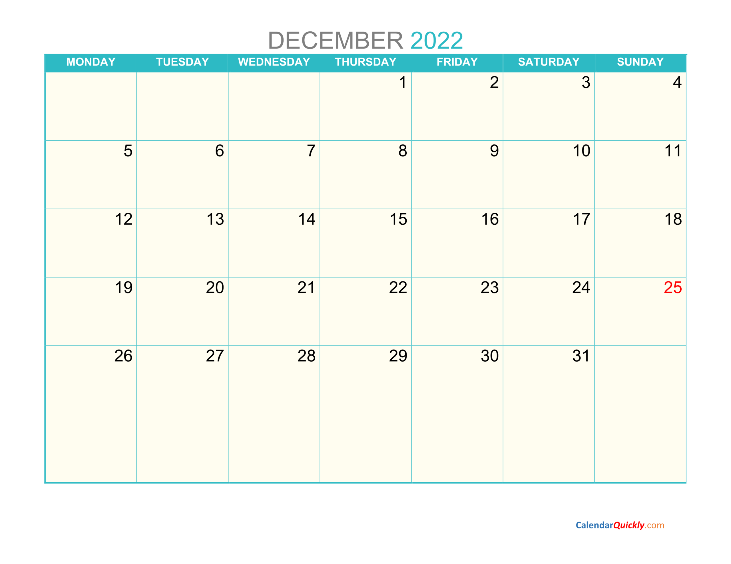 December Monday 2022 Calendar Printable | Calendar Quickly  December 2022 Calendar Lala Ramswaroop