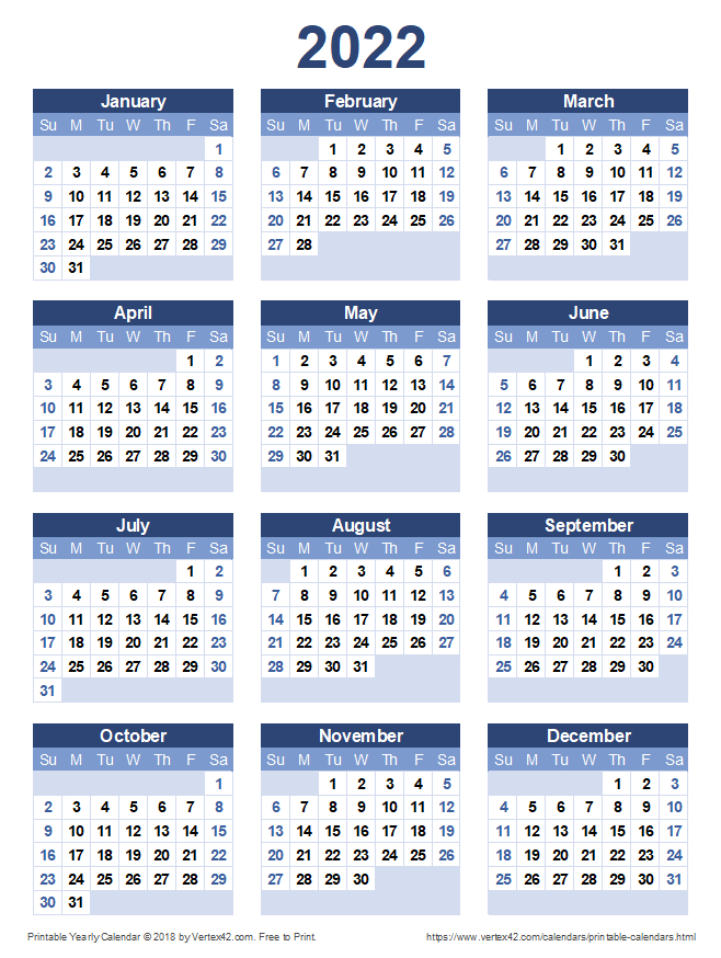 Download A Free Printable 2022 Yearly Calendar From  Free Printable Daily Calendar 2022