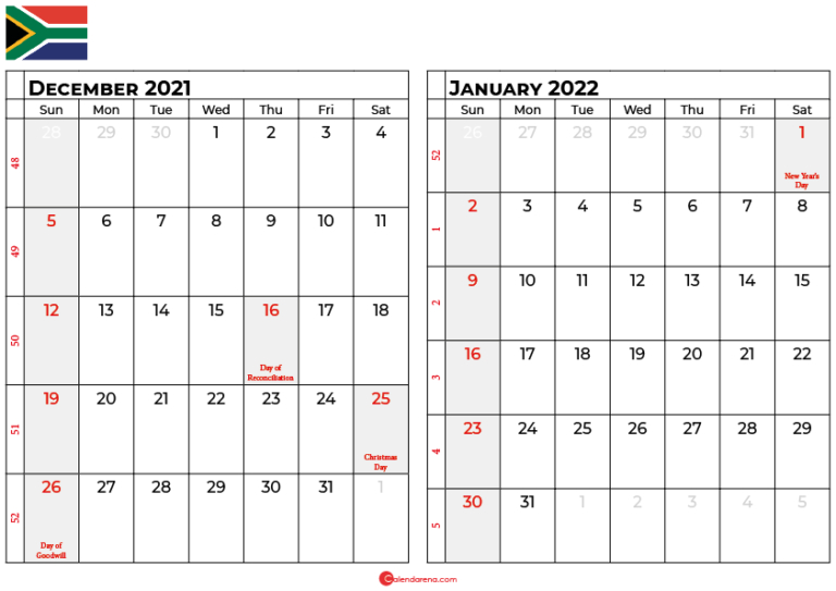 Download Free December 2021 Calendar South Africa  Free Printable 2022 Calendar With Holidays South Africa