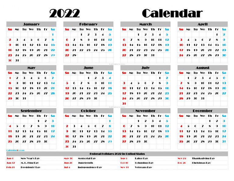 Download Free Printable Yearly Calendar 2022 Pdf, Png  2022 Calendar Printable A3
