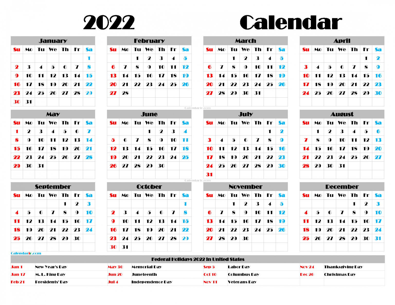 Download Free Printable Yearly Calendar 2022 Pdf, Png  2022 Printable Calendar Vertical With Holidays