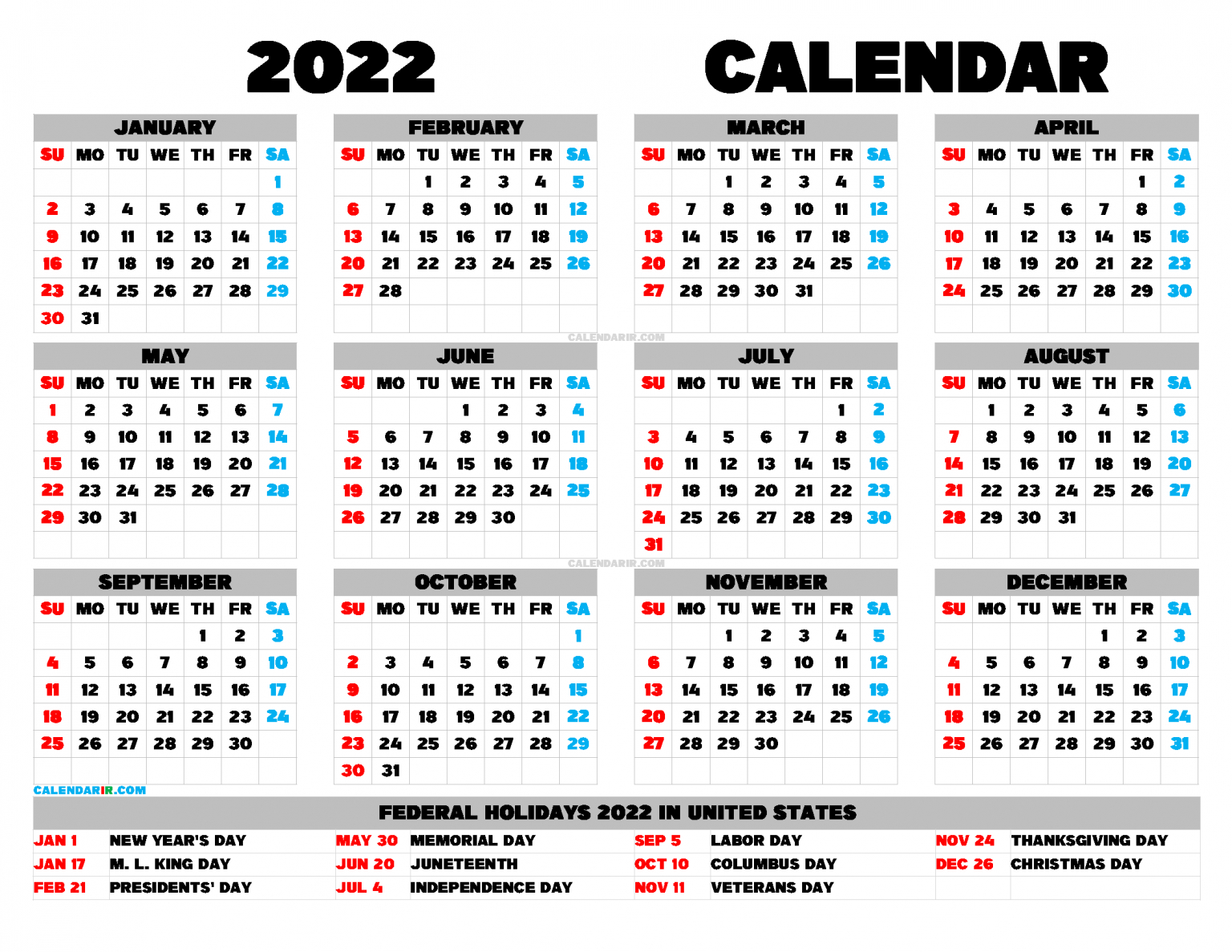 Download Free Printable Yearly Calendar 2022 Pdf, Png  Printable Calendar 2022 Colorful