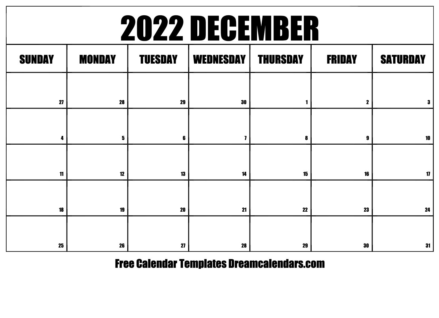 Download Printable December 2022 Calendars  Calendar December 2022 January 2022 Excel