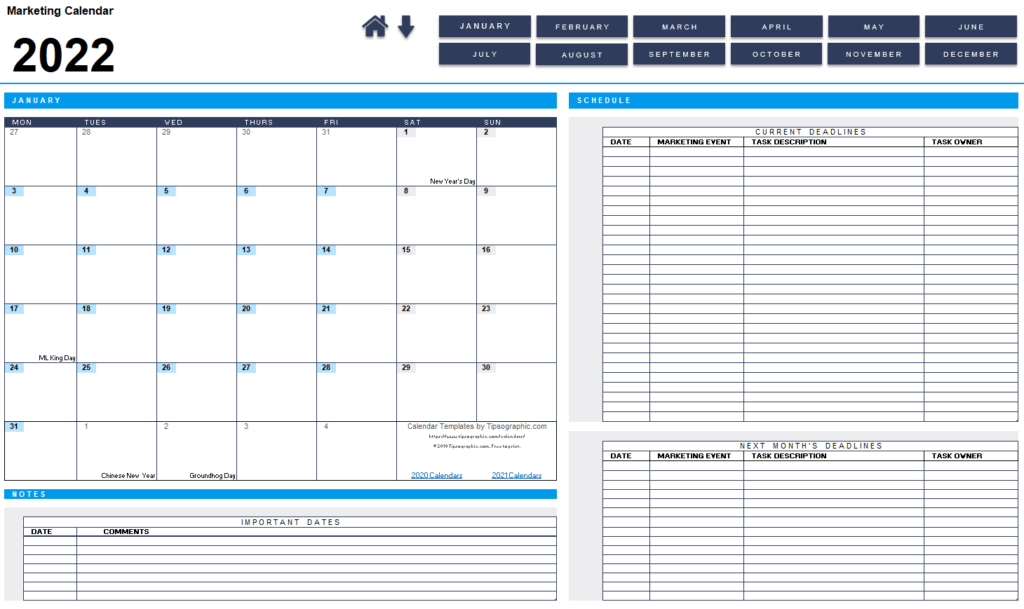 Download The 2022 Retail Marketing Calendar (Blank, Monday  2022 Calendar Template Excel Free Download