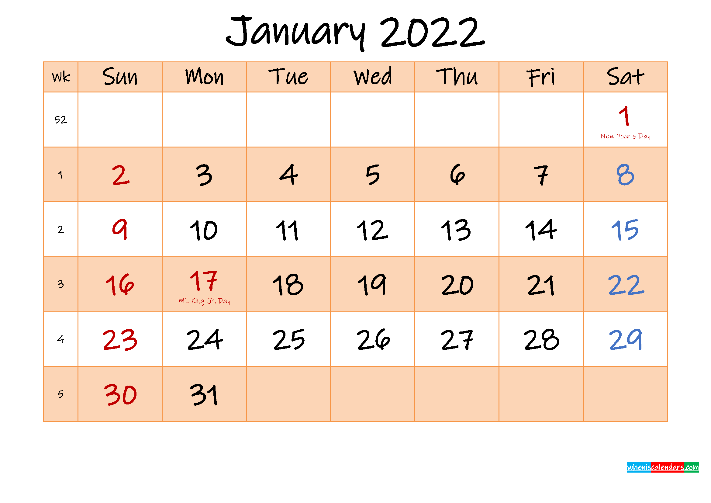 Editable January 2022 Calendar - Template No.ink22M481  Calendar 2022 Jan To Dec