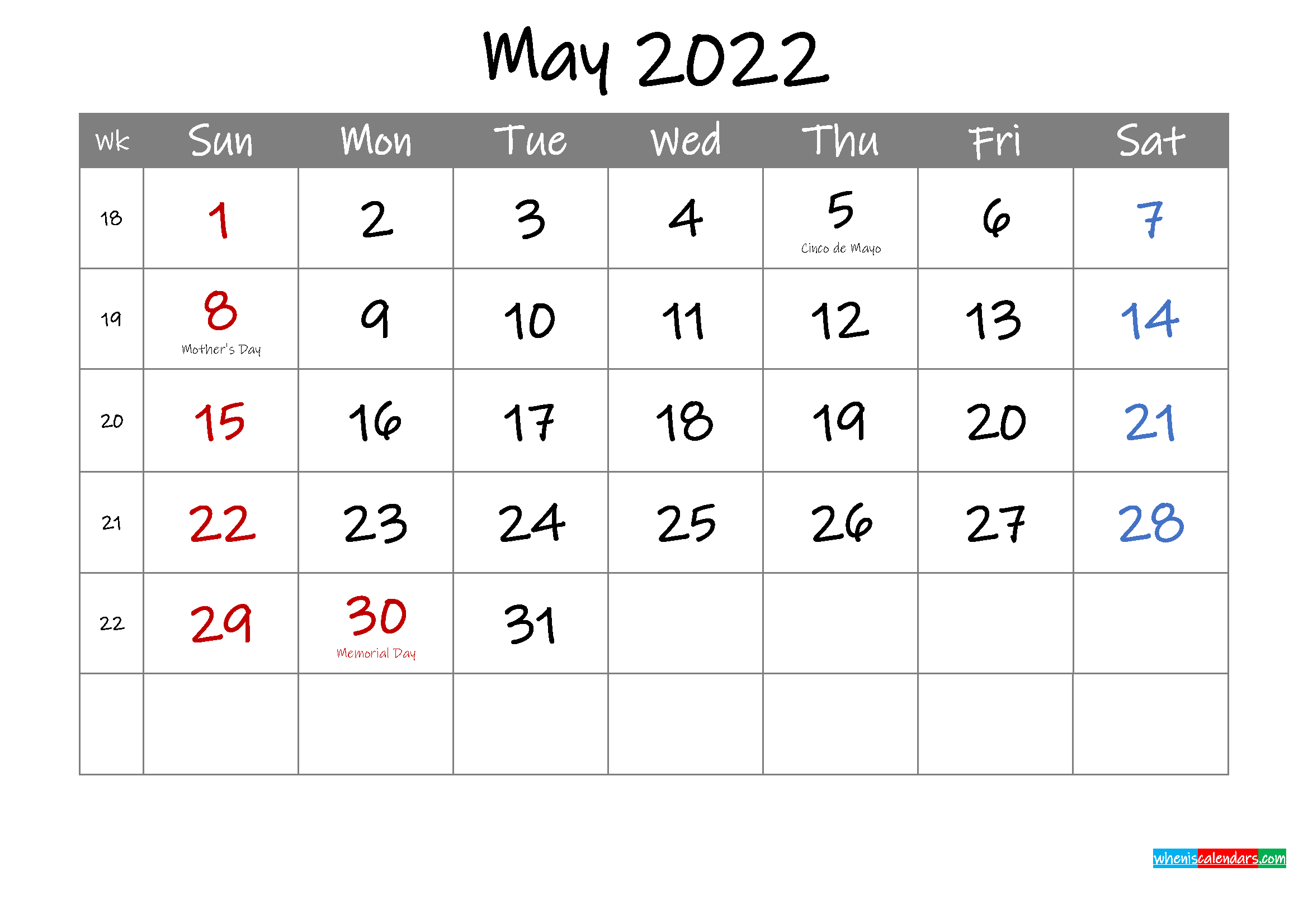 Editable May 2022 Calendar With Holidays - Template  Calendar For May Of 2022