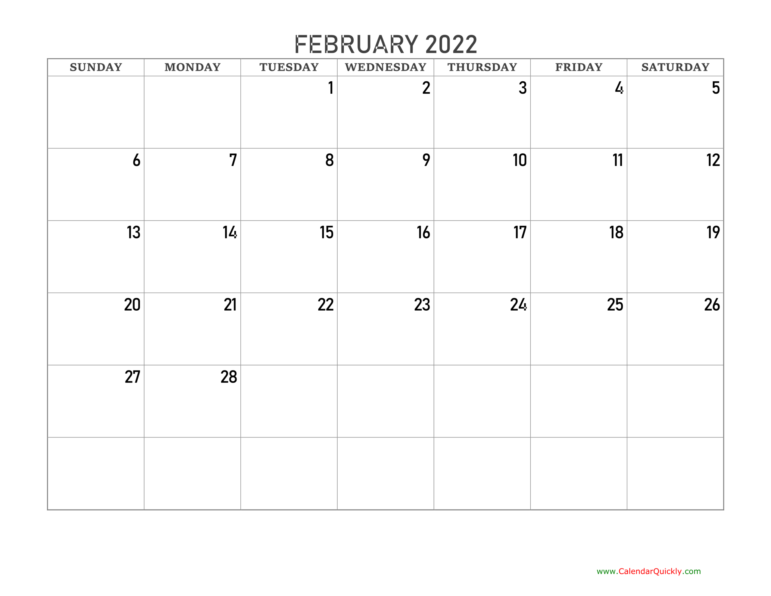 February 2022 Blank Calendar | Calendar Quickly  Free Printable Calendar 2022 Without Download