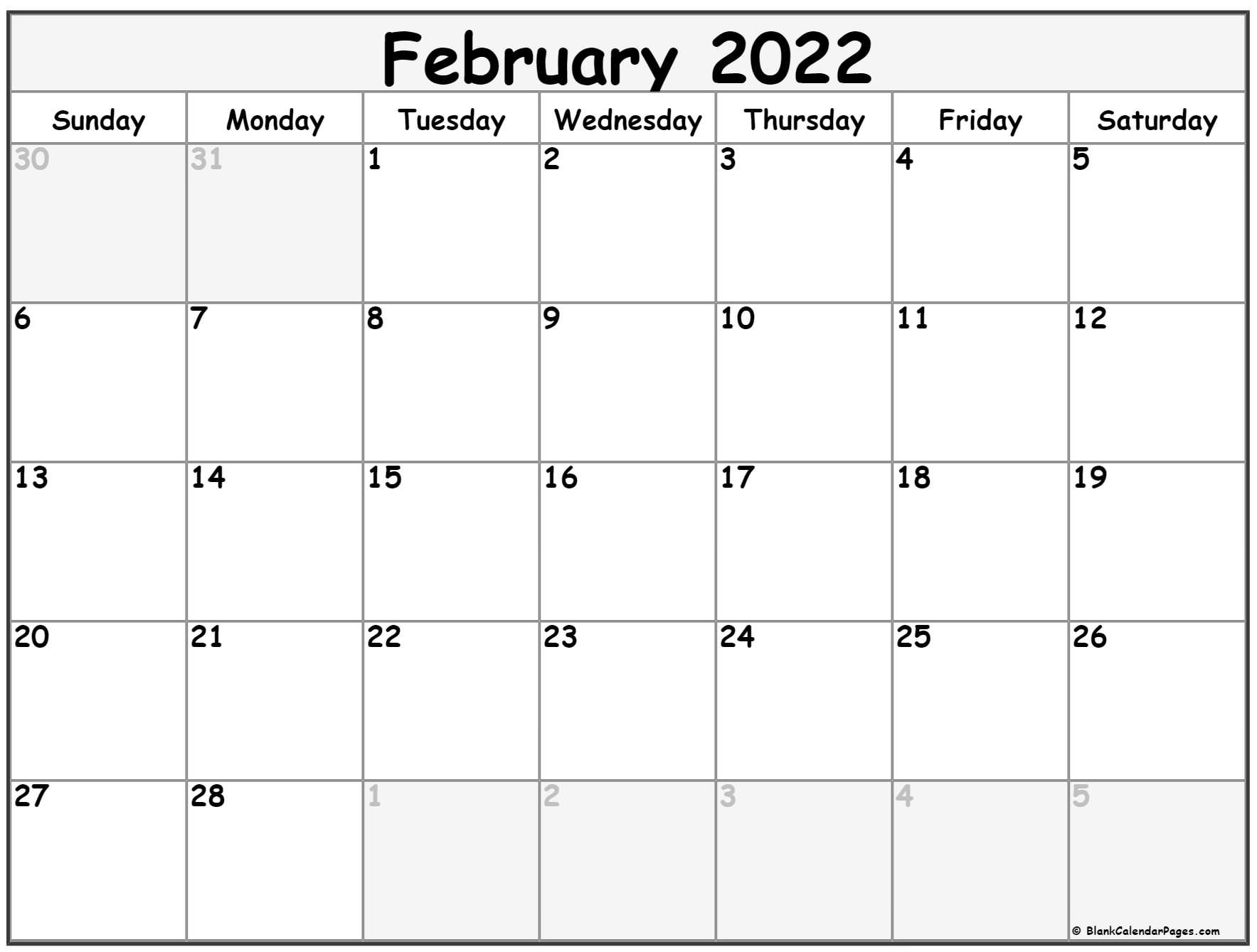 February 2022 Calendar | Free Printable Calendar Templates  December 2022 Through February 2022 Calendar