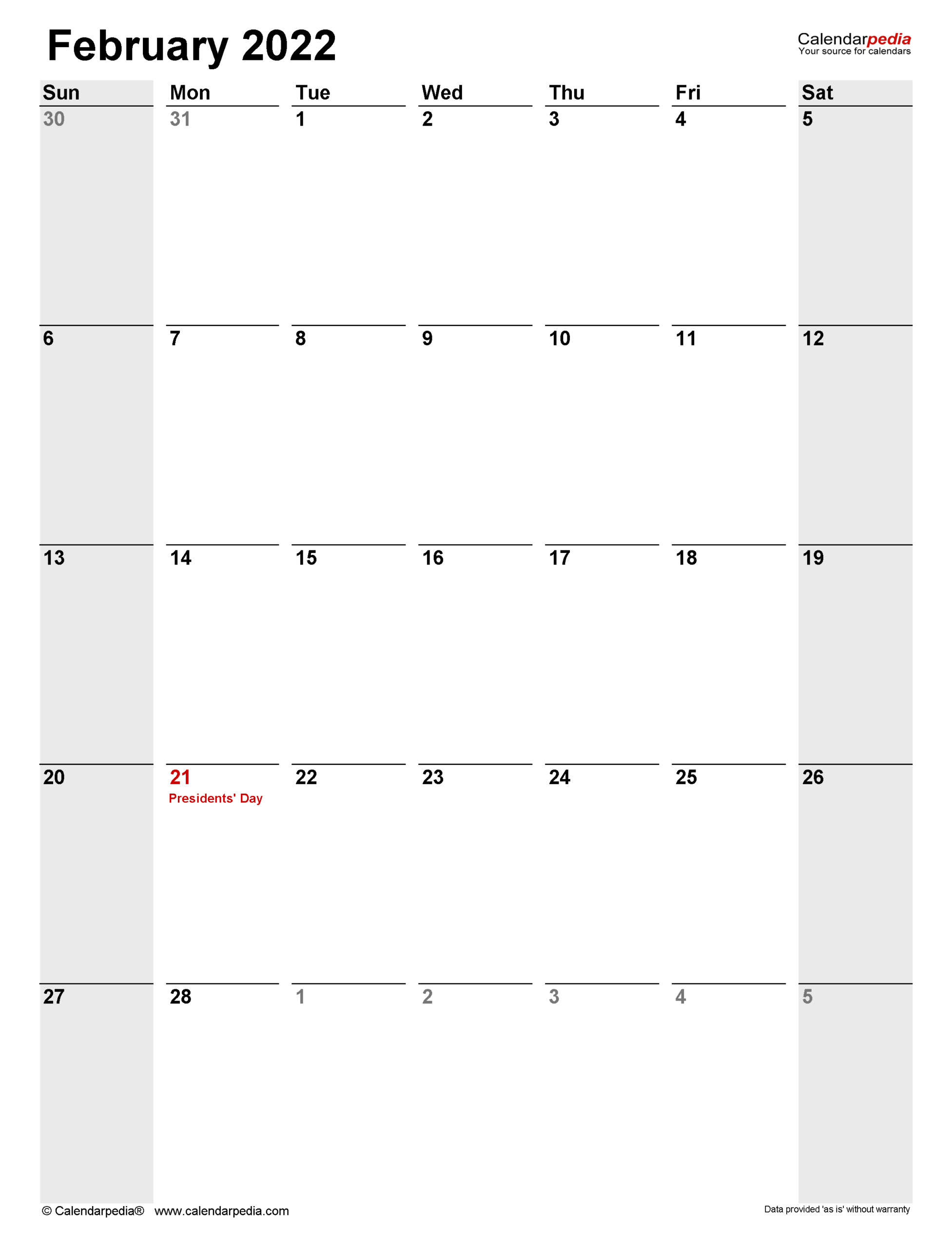 February 2022 Calendar | Templates For Word, Excel And Pdf  Free Printable Daily Calendar 2022
