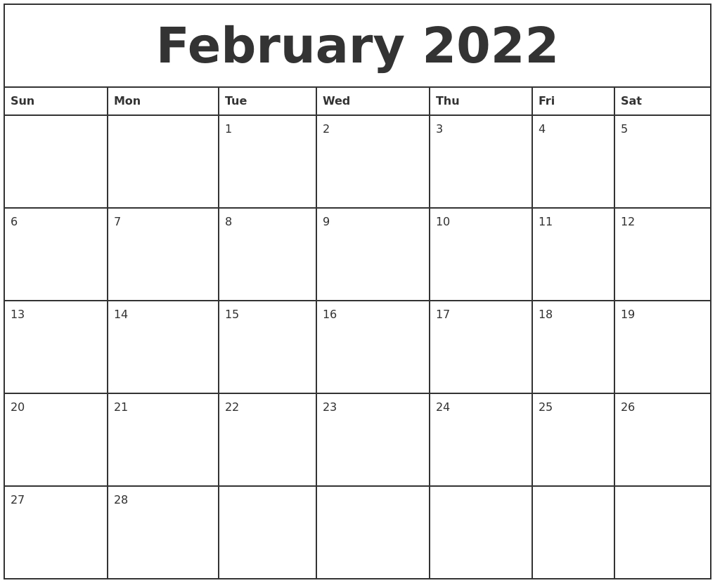 February 2022 Printable Monthly Calendar  Calendar October 2022 To February 2022