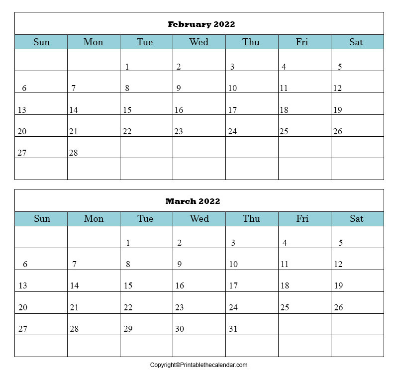 February March 2022 Blank Calendar | Printable The Calendar  Leave Calendar For 2022