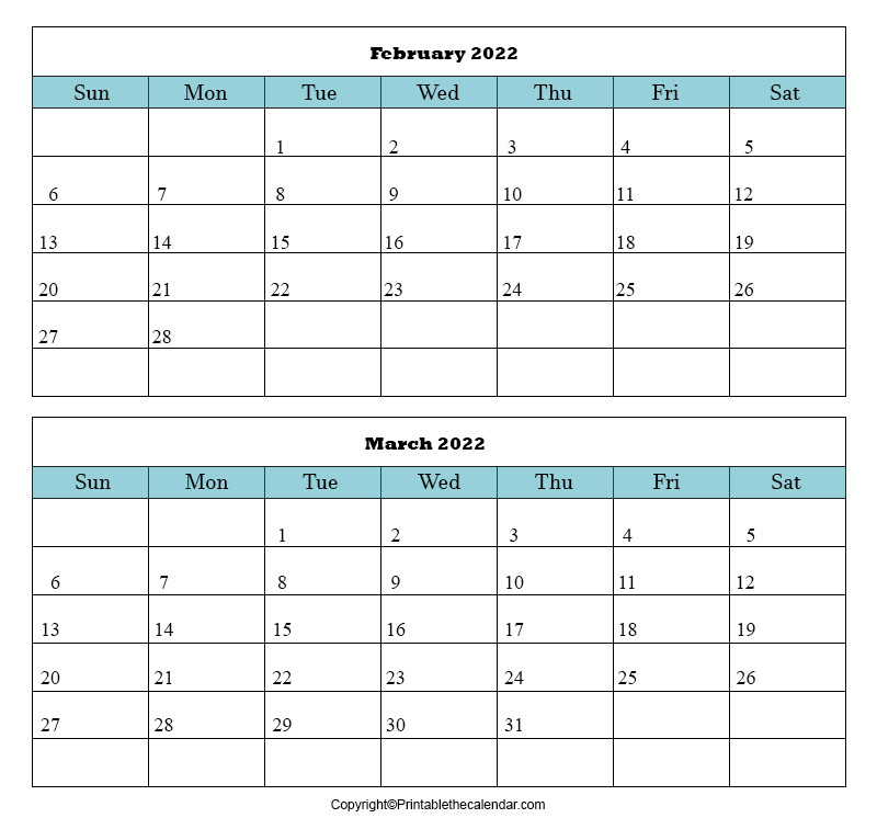 February March 2022 Blank Calendar | Printable The Calendar  March To April 2022 Calendar