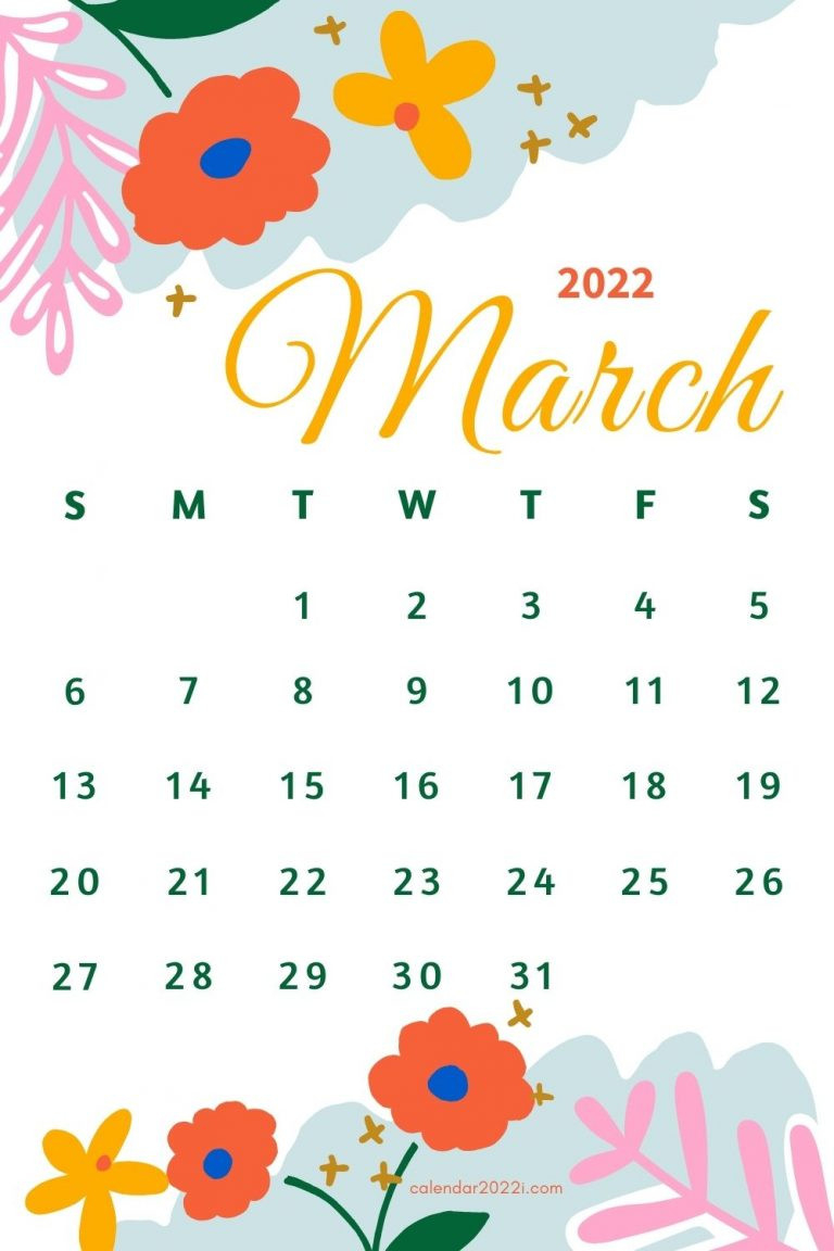 Floral 2022 Monthly Calendar | Calendar 2022  Feb March April 2022 Calendar