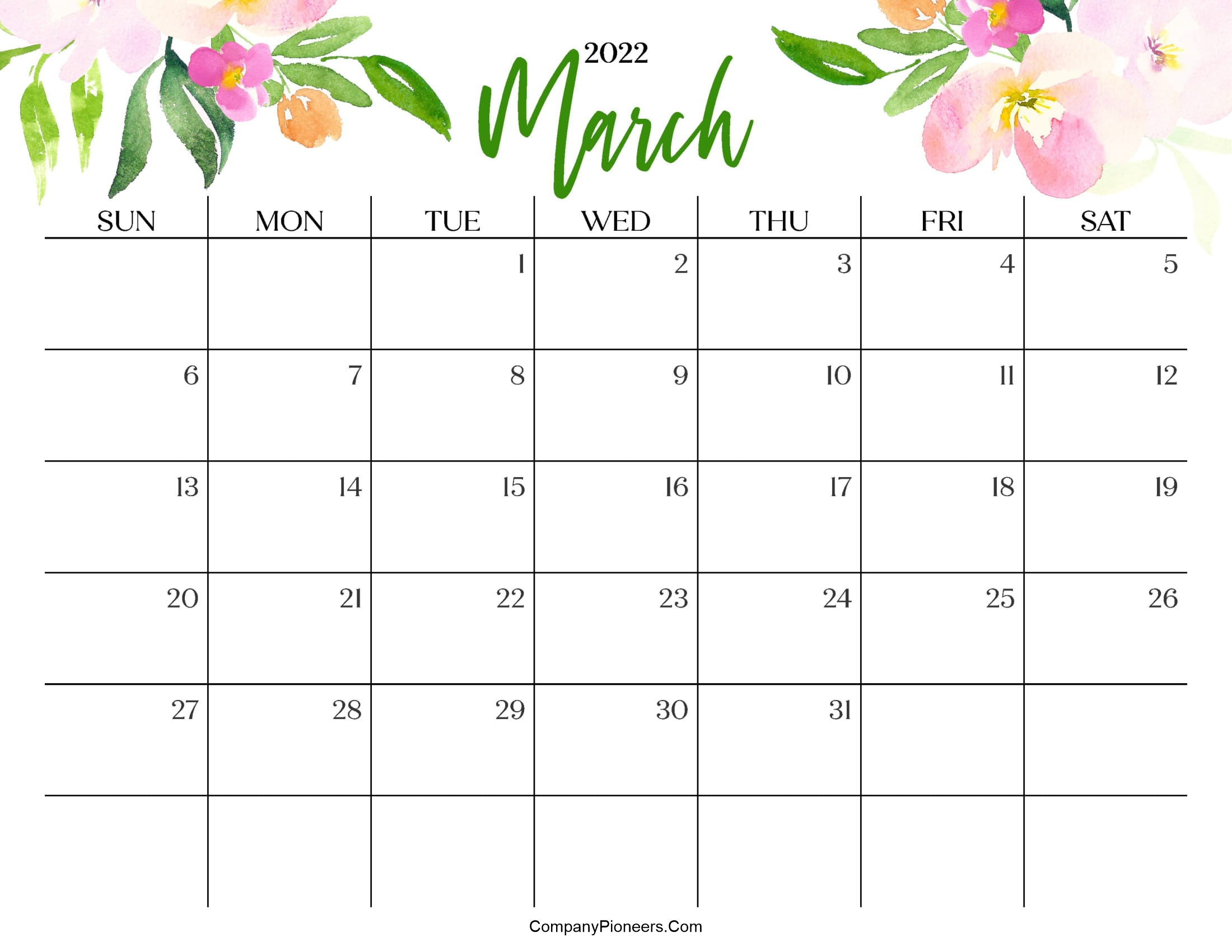 Floral March 2022 Calendar Templates - Printable 2021  March April 2022 Calendar Printable
