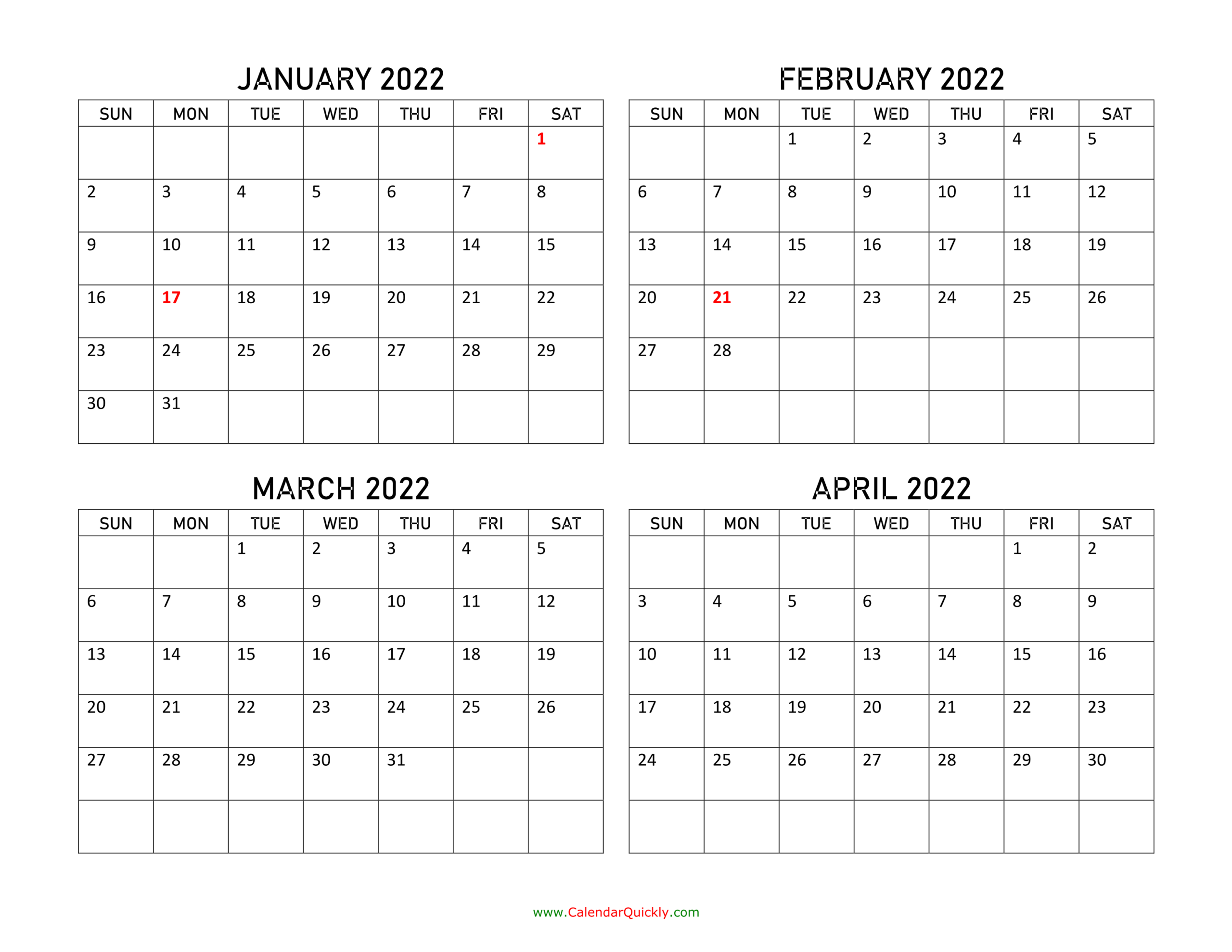Four Months 2022 Calendar | Calendar Quickly  2022 Printable Calendar One Page Per Month