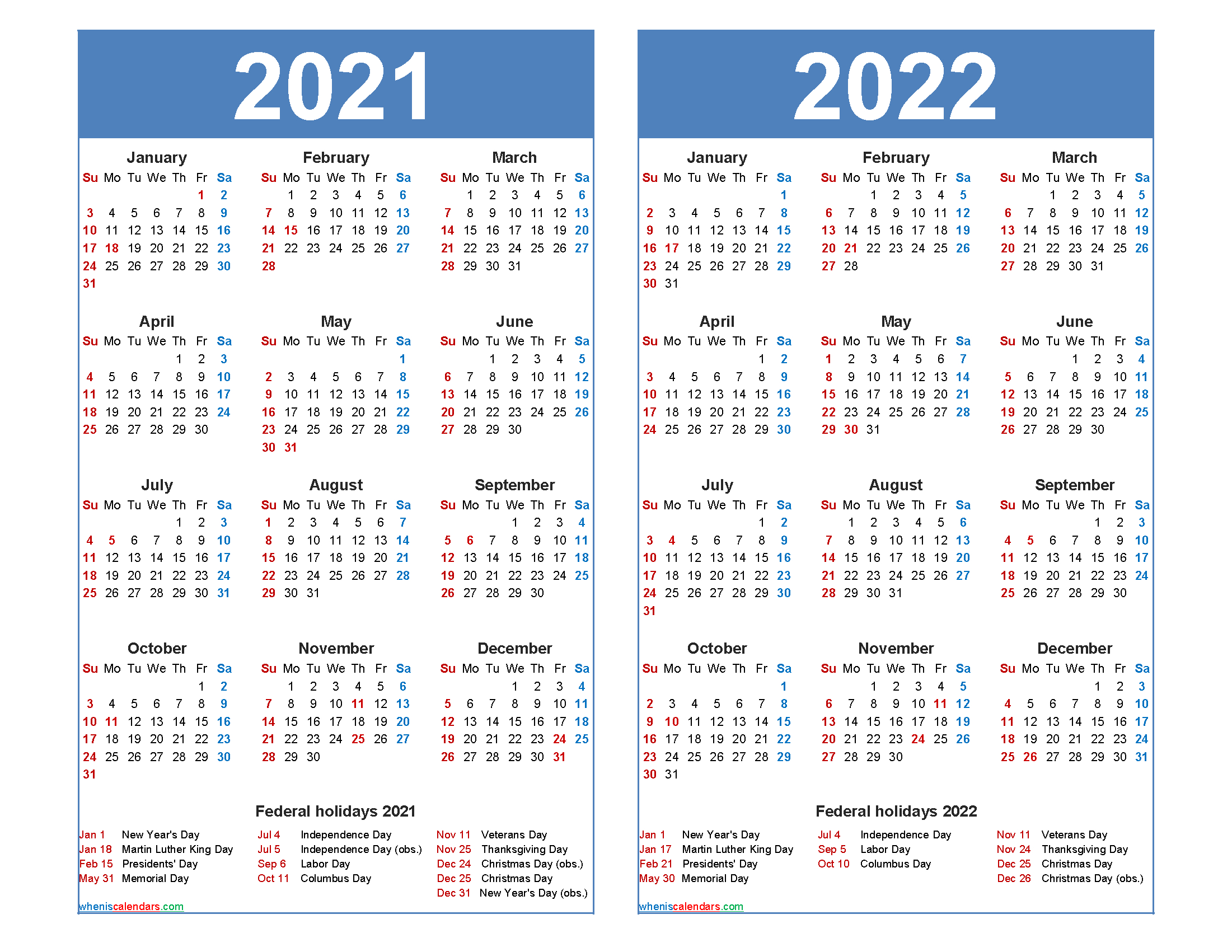 Free 2021 And 2022 Calendar Printable Word, Pdf  Calendar 2022 Government Holidays