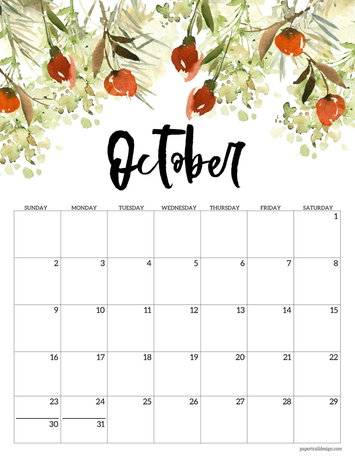 Free 2022 Calendar Printable - Floral - Paper Trail Design  Calendar For October November December 2022 And January 2022