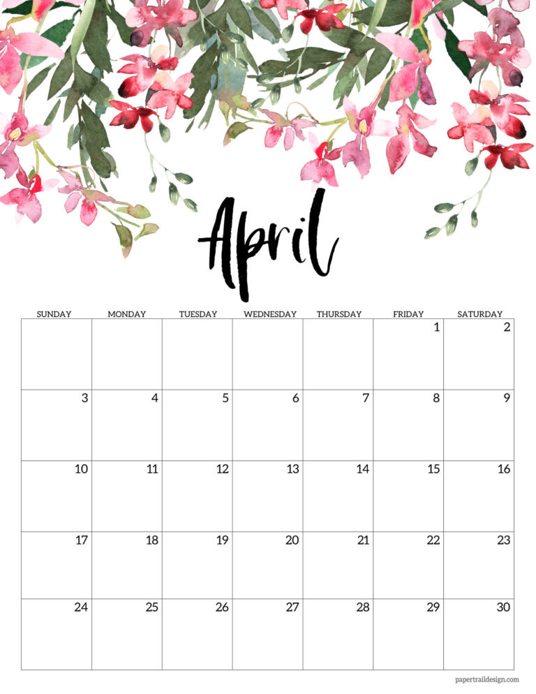 Free 2022 Calendar Printable - Floral - Paper Trail Design  Feb March April 2022 Calendar