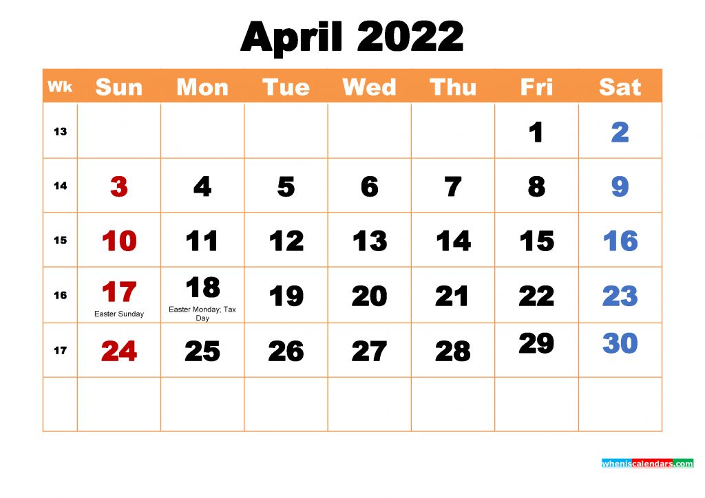 Free April 2022 Calendar With Holidays Printable  Calendar For April 2022 With Holidays