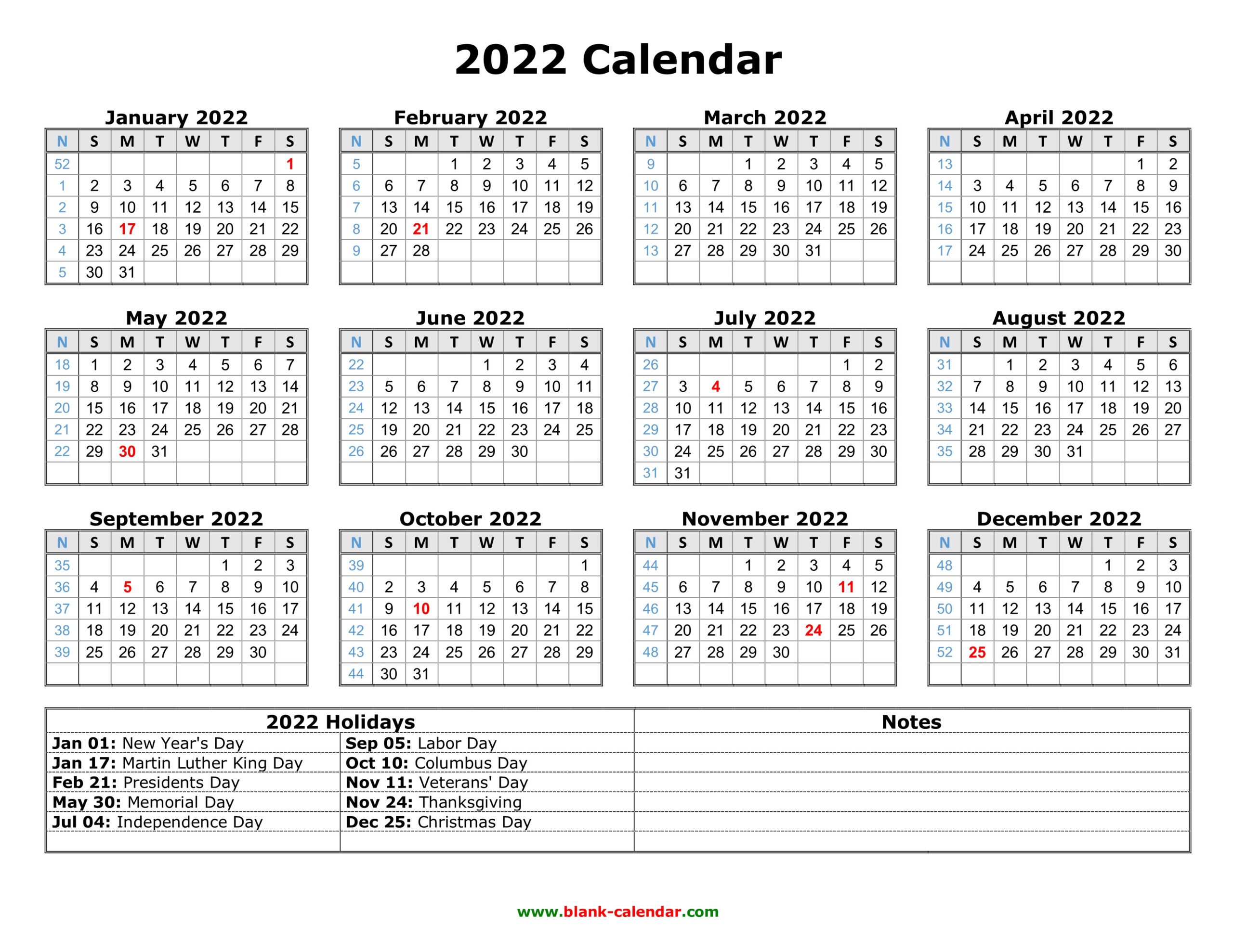 Free Download Printable Calendar 2022 With Us Federal  Free Calendar Template 2022 Large