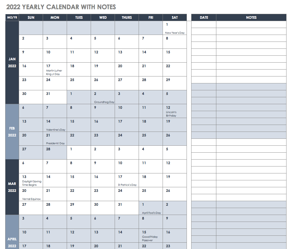 Free Excel Calendar Templates  Free Printable Calendar 2022 With Notes