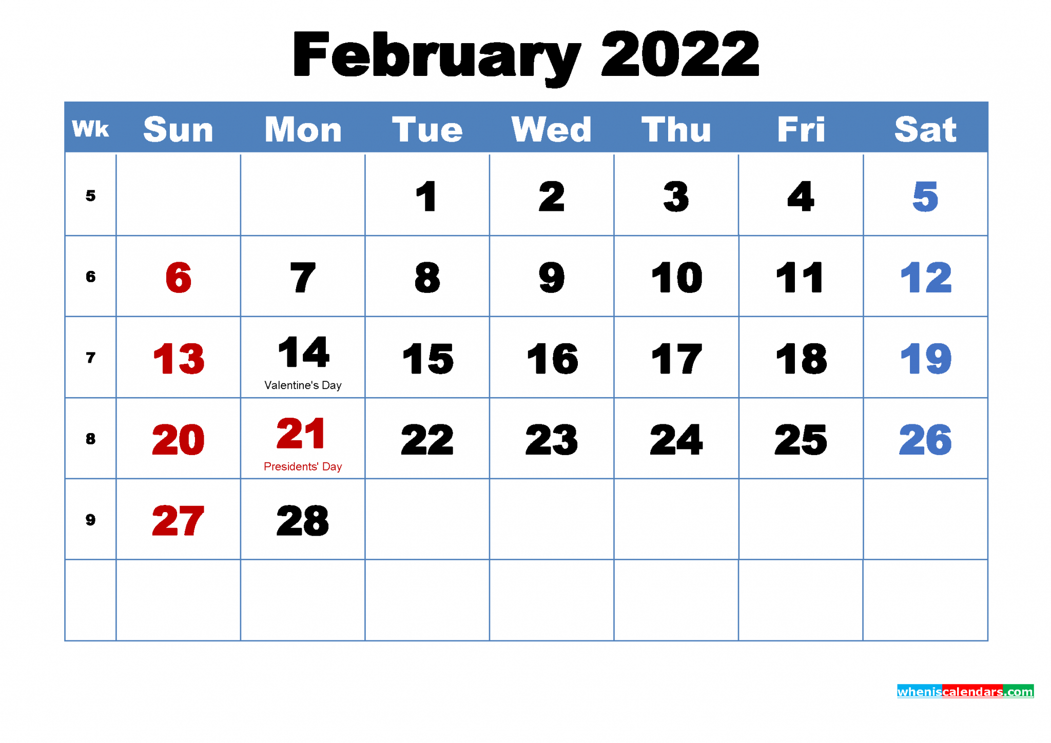 Free February 2022 Calendar With Holidays Printable  Free Printable 2022 Monthly Calendar With Holidays Vertical