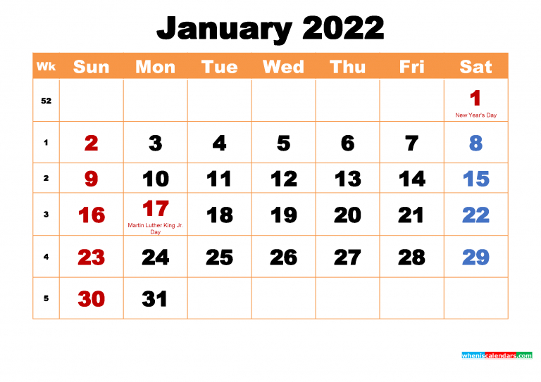 Free January 2022 Calendar With Holidays Printable  2022 Calendar Printable Holidays