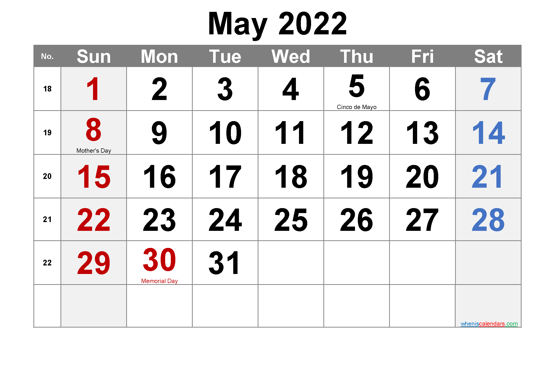 Free May 2022 Calendar Printable - Free Printable 2021  Calendar For May Of 2022