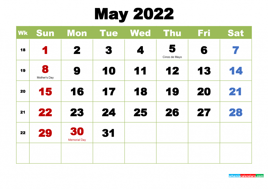 Free May 2022 Calendar With Holidays Printable  Printable Calendar 2022 May