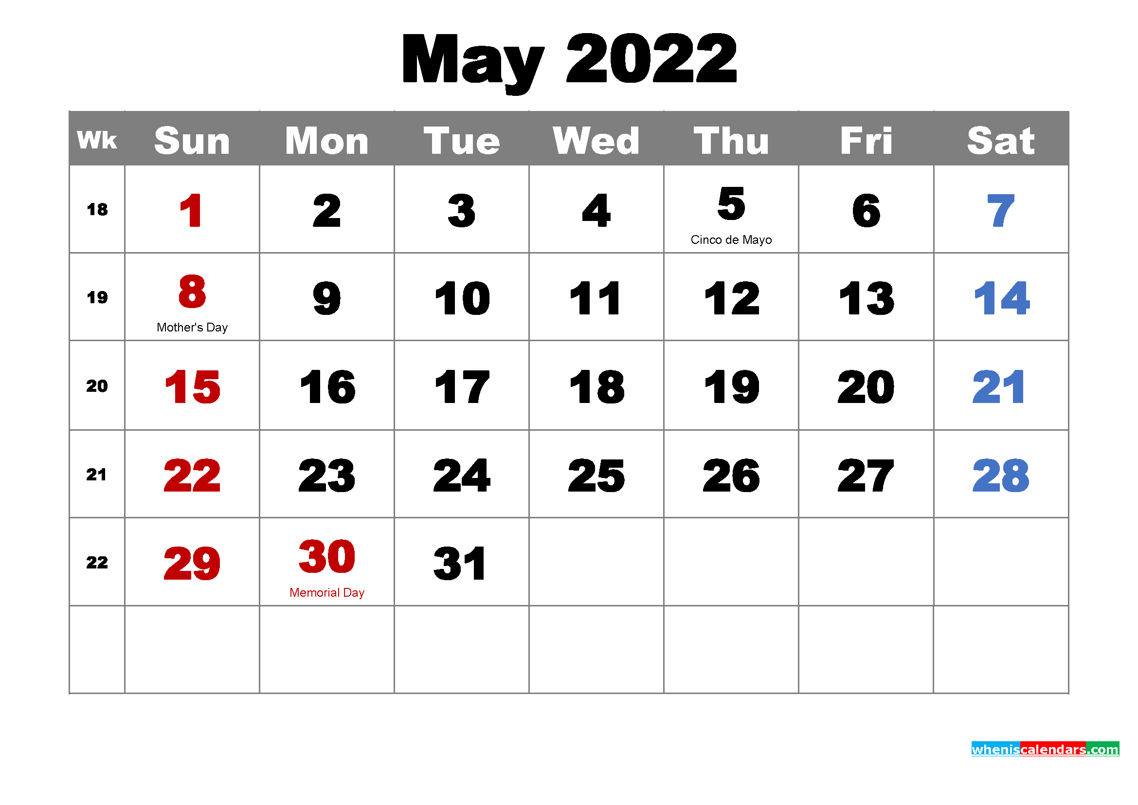 Free May 2022 Desktop Calendar High Resolution  May 2022 Calendar Printable