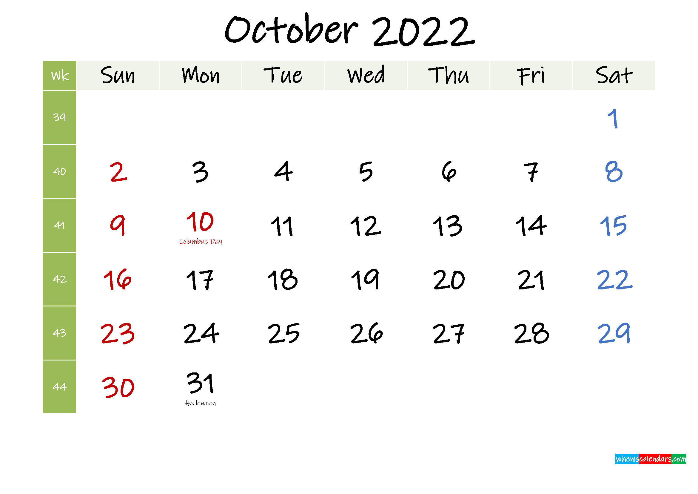 Free October 2022 Printable Calendar With Holidays  Free Printable October 2022 Calendar