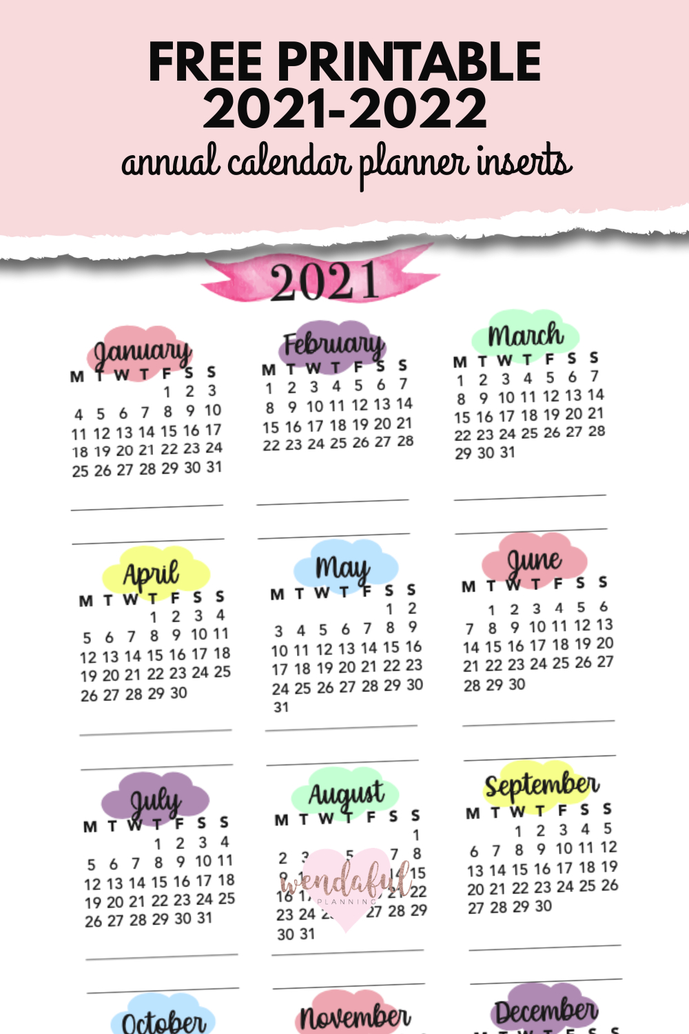 Free Printable 2021-2022 Colorful Pastel Clouds Annual  2022 Calendar Printable Pastel