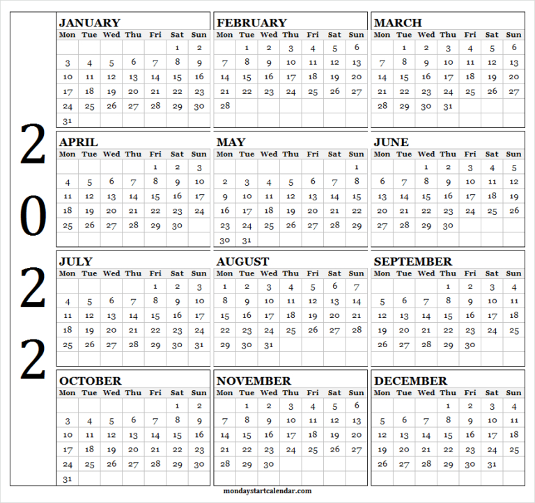 Free Printable 2022 Calendar Monday Start | Free January  2022 Calendar Printable Monday To Sunday