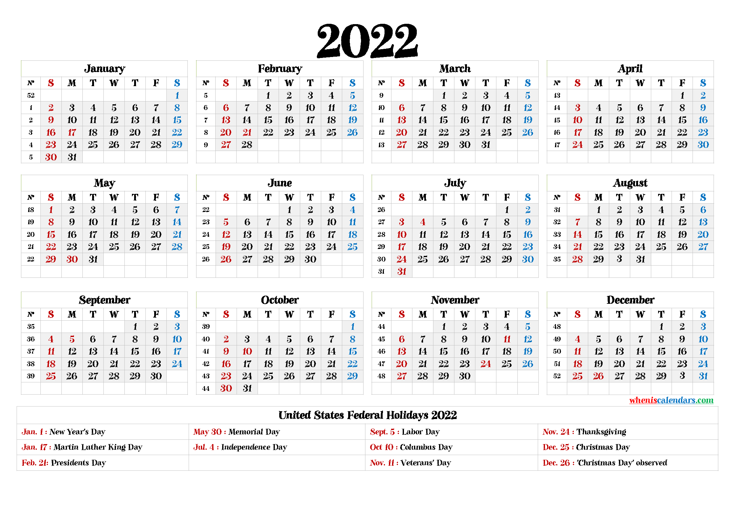 Free Printable 2022 Calendar With Holidays - 9 Templates  Free Printable Calendar 2022 Time And Date