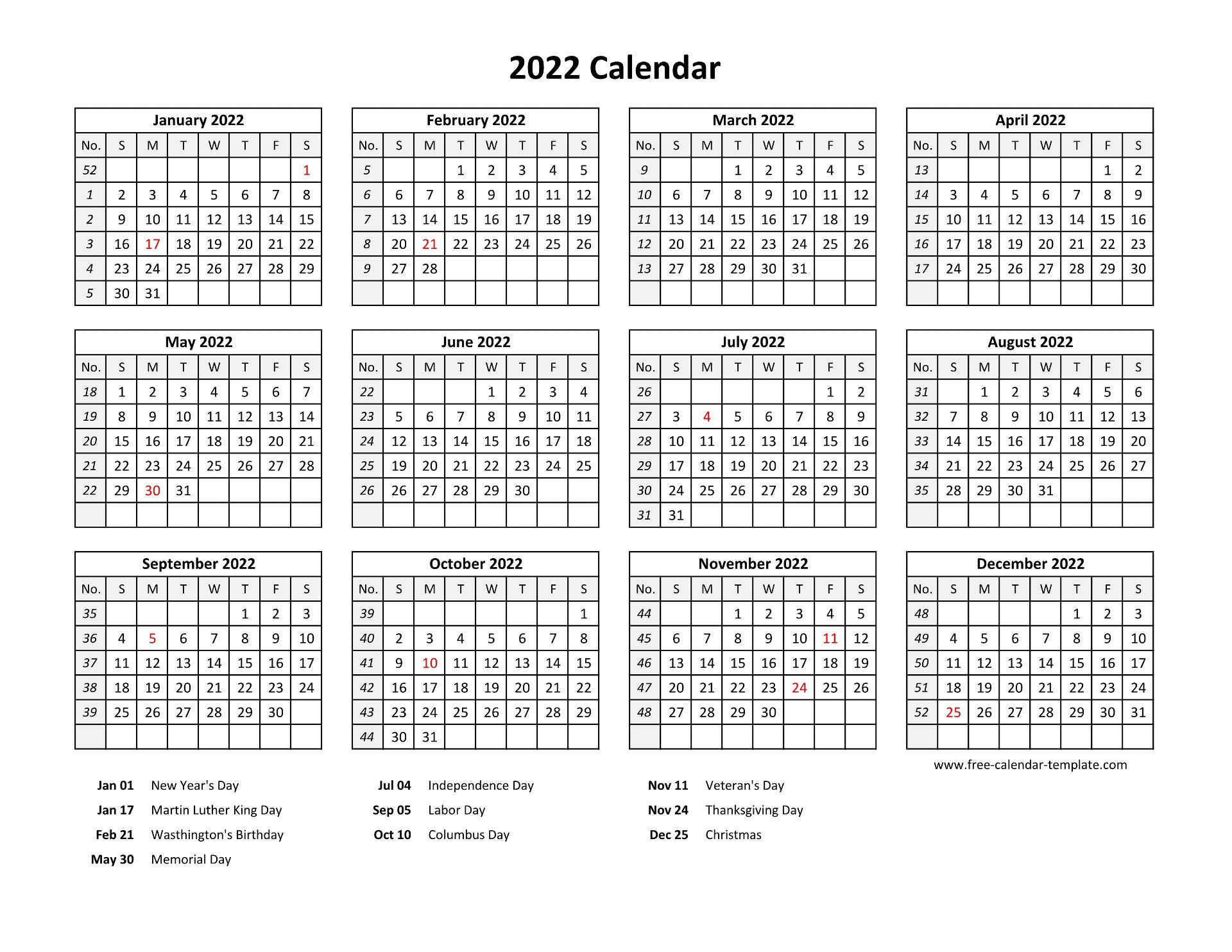 Free Printable 2022 Calendar With Us Holidays | Printable  Free Printable Calendar 2022 X1