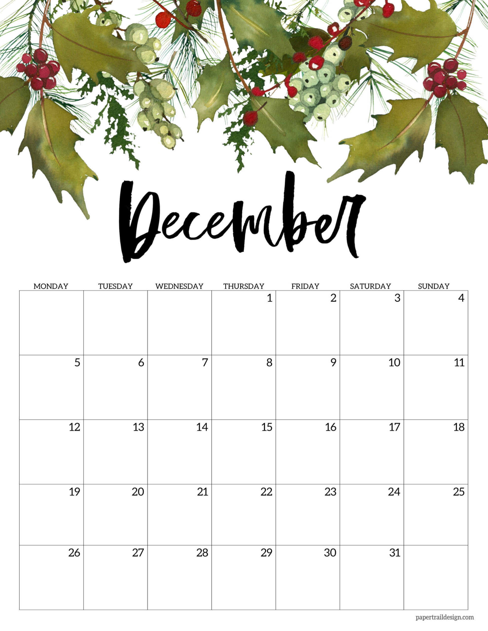 Free Printable 2022 Floral Calendar - Monday Start | Paper Trail Design  December 2022 Calendar Page
