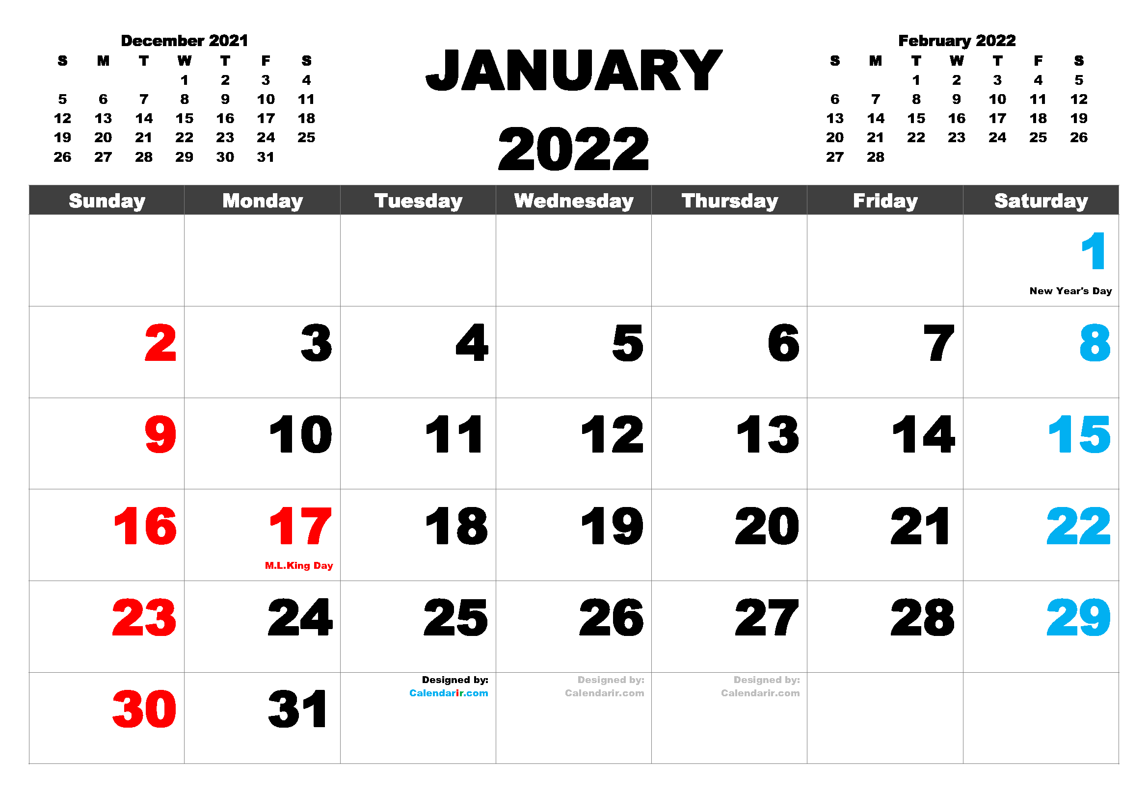 Free Printable 2022 Monthly Calendar With Holidays  Free Calendar Template 2022 Editable
