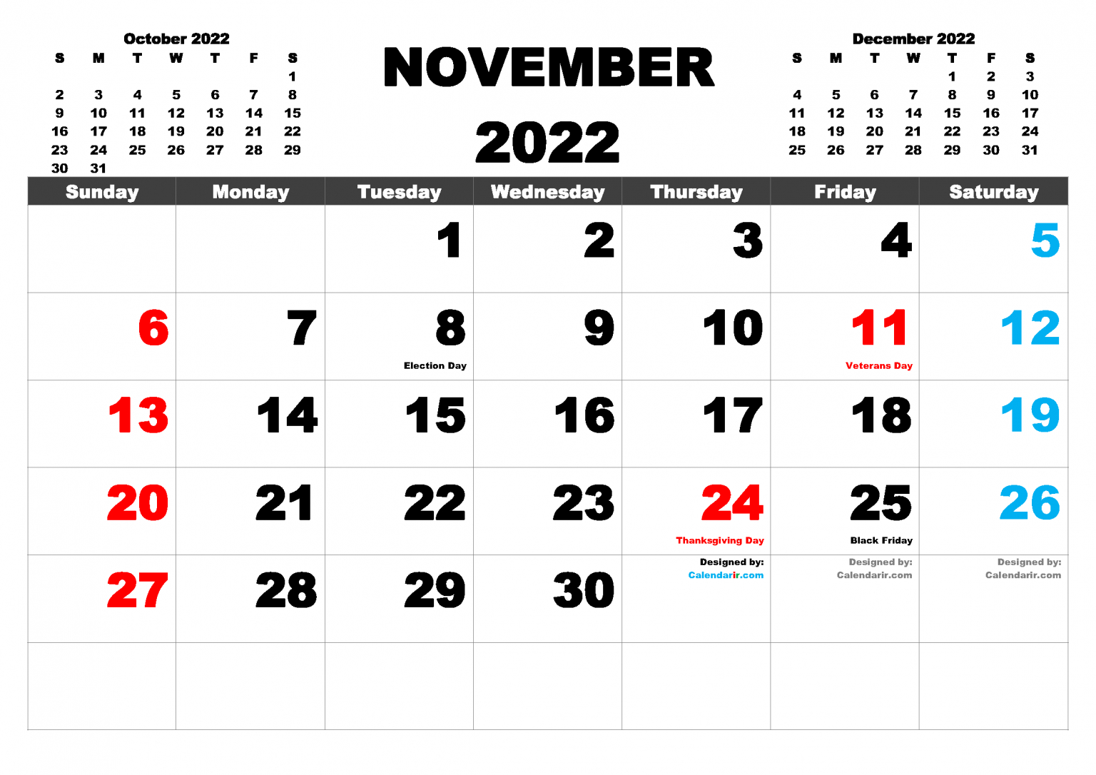 Free Printable 2022 Monthly Calendar With Holidays  Free Printable 2022 Calendar With Holidays