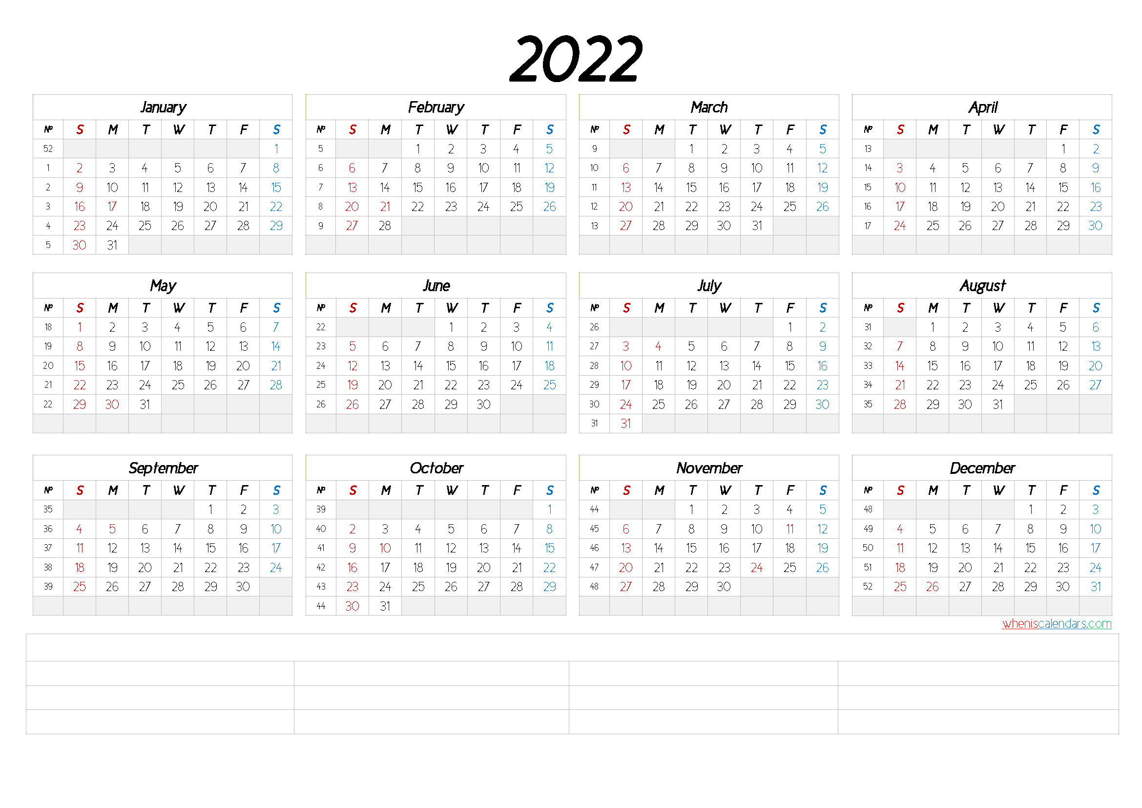 Free Printable 2022 Yearly Calendar (6 Templates)  Free Printable Calendar 2022.Com