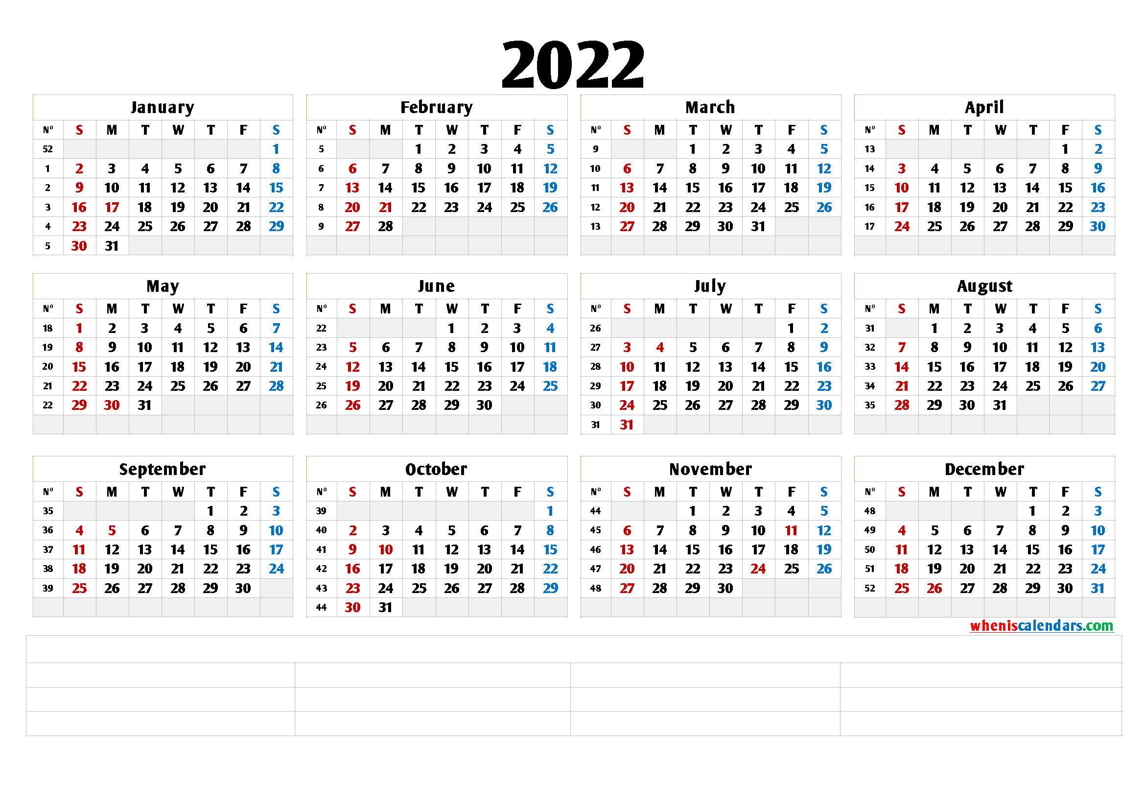 Free Printable 2022 Yearly Calendar (6 Templates)  Large Printable Calendar 2022