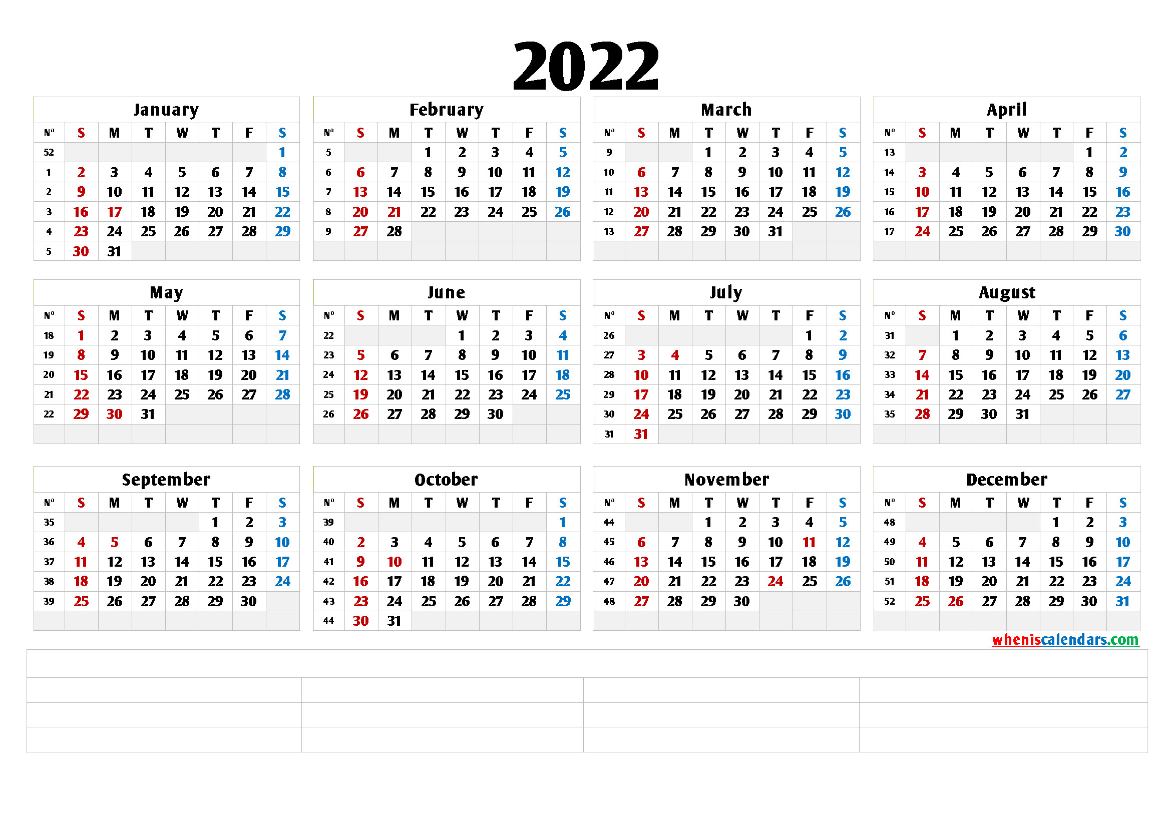 Free Printable 2022 Yearly Calendar (6 Templates)  Printable Calendar 2022 Large