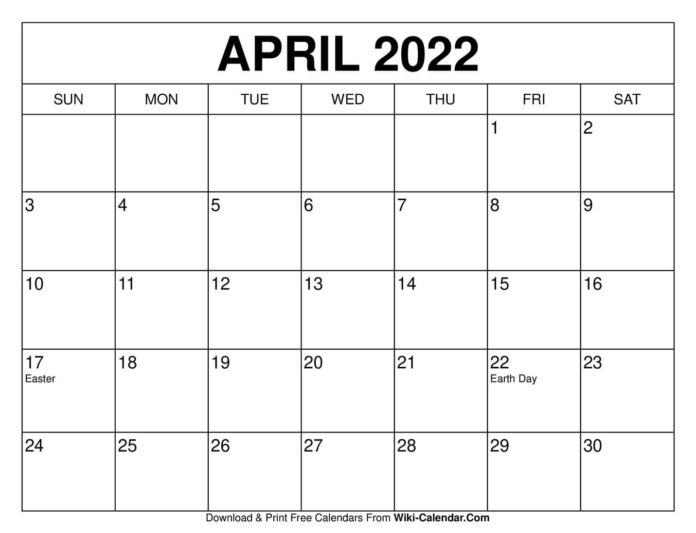 Free Printable April 2021 Calendars  April Calendar For 2022