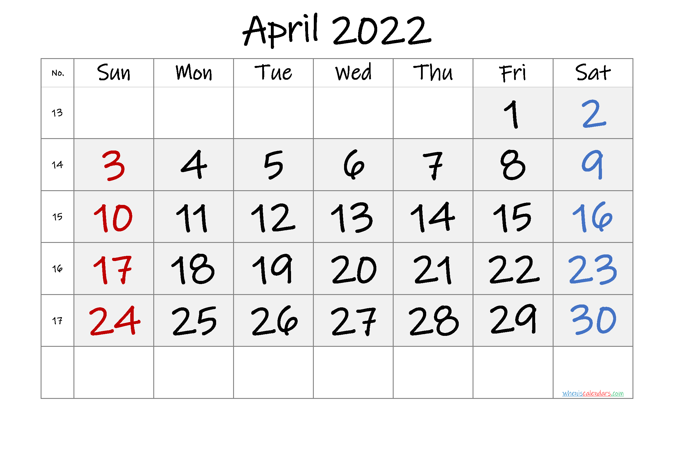 Free Printable April 2022 Calendar - Font: Ink Free  April 2022 Calendar Printable