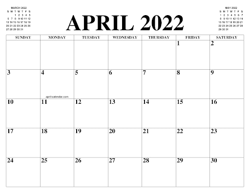 Free Printable April 2022 Calendar Template - Pdf, Word  Calendar Jan-April 2022