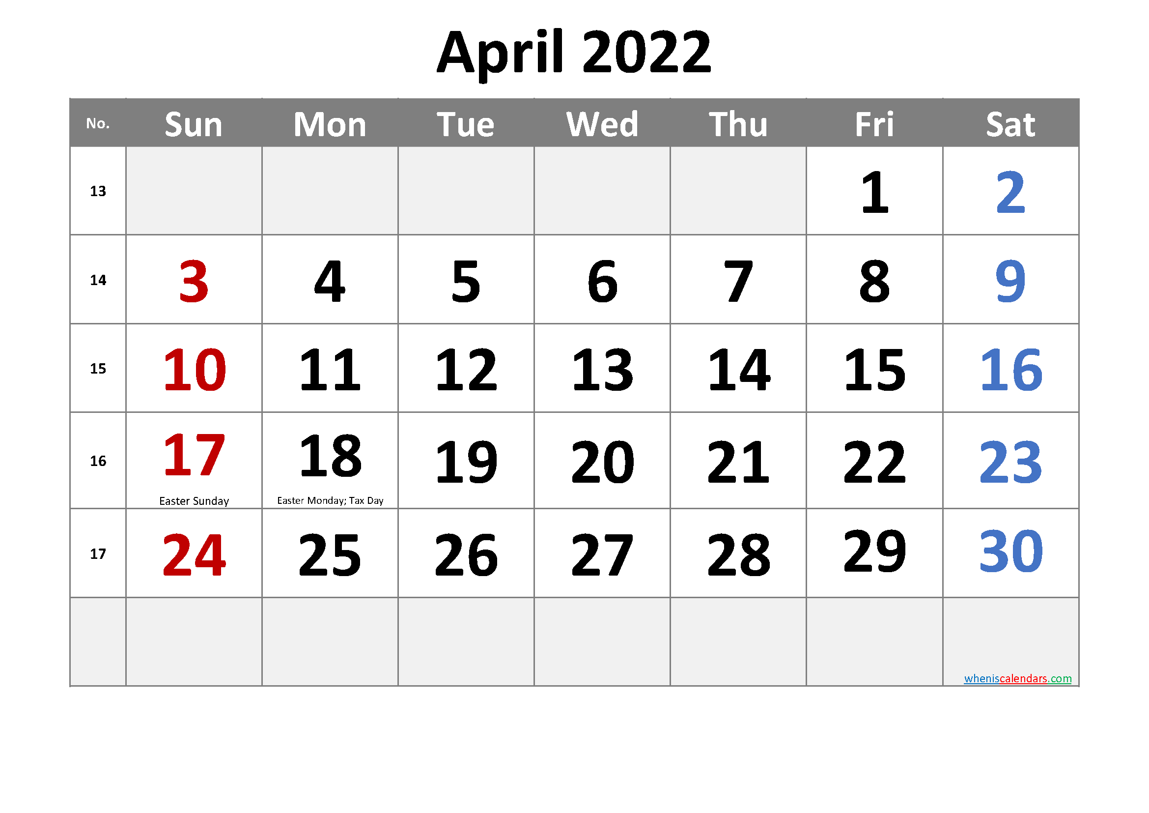 Free Printable April 2022 Calendar With Holidays  April Free Printable Calendar 2022